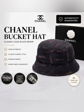 Authentic CHANEL Classic Logo Black Denim Bucket Hat 22p Medium